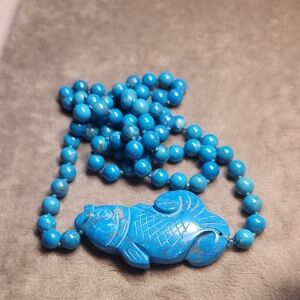 Turquoise Beaded Fish Pendant Necklace..hand Beaded Necklace Varias Shades Of Bl